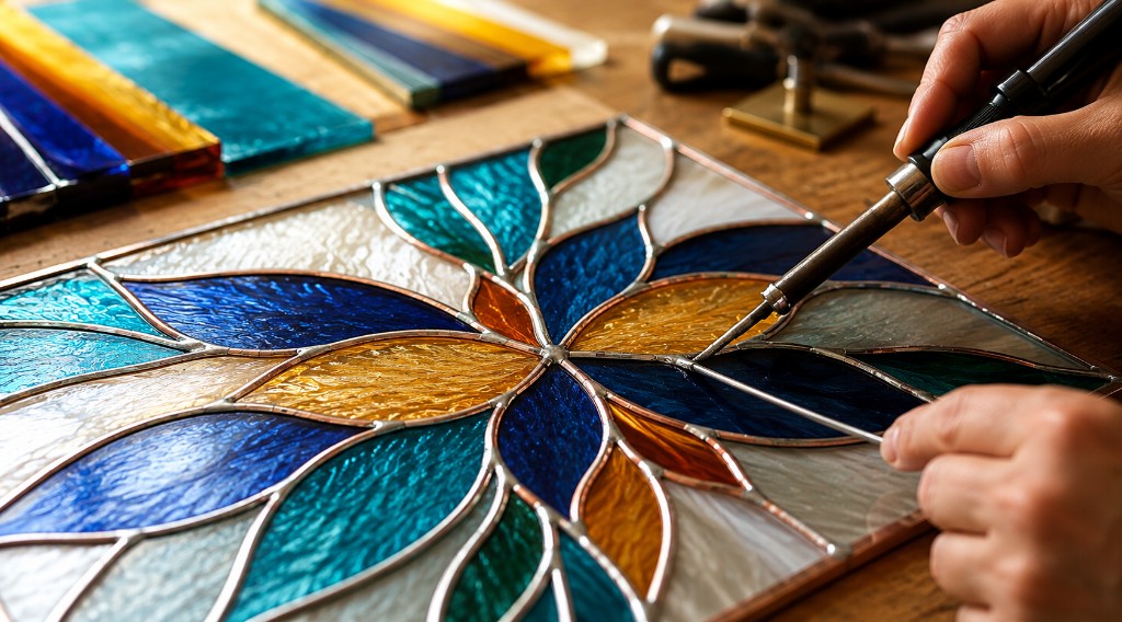 Students creating stained glass panels at GlassXpressions Malta